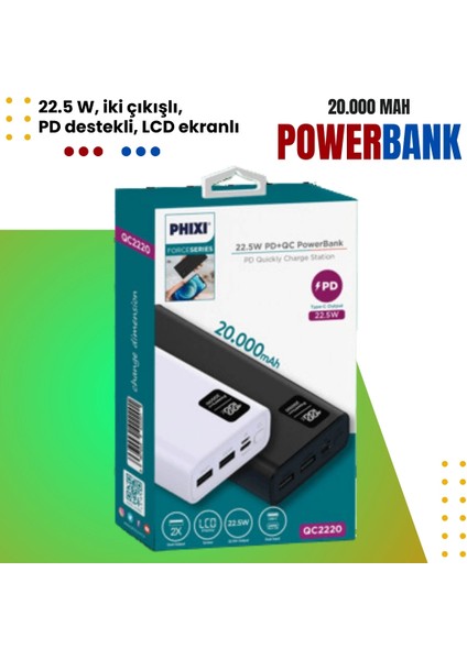 Force QC2220 20.000MAH LCD Ekranlı 22.5W Pd Destekli Taşınabilir Powerbank