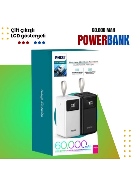 Force P60 60.000MAH LCD Ekranlı 2 Çıkışlı Powerbank – Yüksek Kapasite ve Güçlü Performans