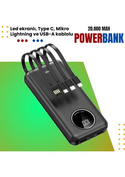 Force P21 20.000MAH Powerbank - LED Ekranlı, Micro, Lightning, Type-C ve Usb-A ile Hızlı Şarj