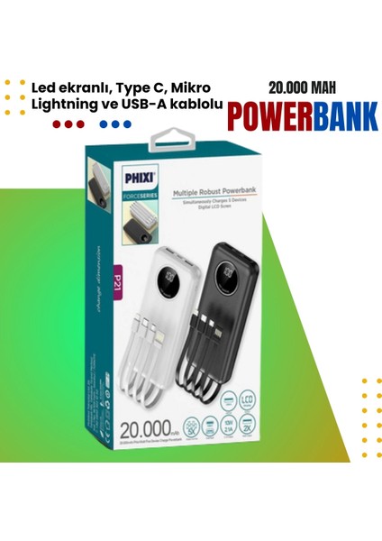 Force P21 20.000MAH Powerbank - LED Ekranlı, Micro, Lightning, Type-C ve Usb-A ile Hızlı Şarj