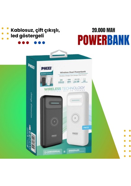 Basic PW22 20.000MAH Kablosuz Şarjlı Powerbank - Çift Çıkışlı, Hızlı Şarj ve LED Göstergeli