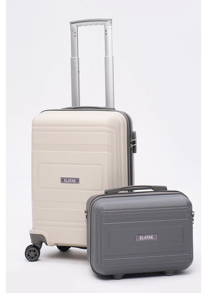 Premium Polipropilen Kırılmaz 2'li Valiz Seti Kabin Boy ve Makyaj 2'li Set Bej - Antrasit V305