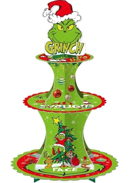 Noel Dekorasyonu Grinch Çok Katmanlı Kek Tepsisi + 10 Adet Yeşil Tüylü Canavar Kek Ekleme Tatlı Masa Dıy Dekorasyon (Yurt Dışından)
