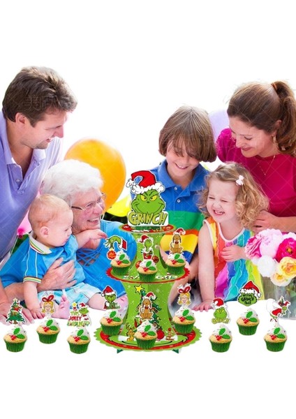 Noel Dekorasyonu Grinch Çok Katmanlı Kek Tepsisi + 10 Adet Yeşil Tüylü Canavar Kek Ekleme Tatlı Masa Dıy Dekorasyon (Yurt Dışından) modelleri