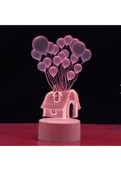 Atmosferik Ahşap Damarlı Masif Ahşap Taban 3D Dokunmatik Uzaktan Kumanda 16 Renkli Uv Desen Balon Ev Gece Lambası (Yurt Dışından)