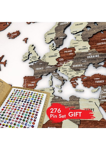 Çok Katmanlı 3D Ahşap Dünya Haritası - ingilizce