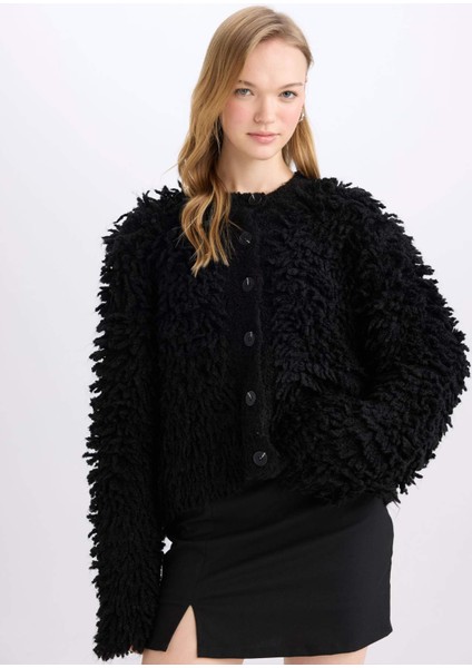 Regular Fit Bisiklet Yaka Düğmeli Püskülü Triko Hırka E7750AX24CW