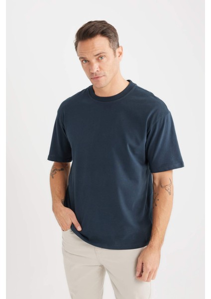 %100 Pamuk Boxy Fit Bisiklet Yaka Basic Düz Kısa Kollu Tişört D7481AX25SP