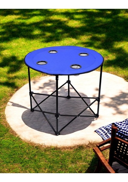 Katlanır Yuvarlak Kamp Masası 70X60 cm Taşıma Çantalı Piknik Masası Mavi