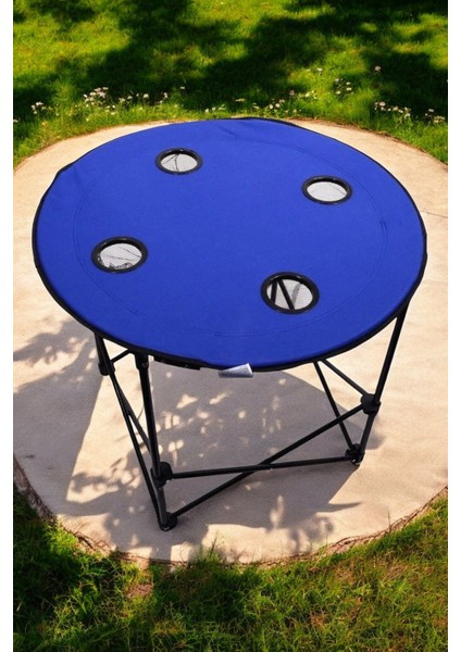 Katlanır Yuvarlak Kamp Masası 70X60 cm Taşıma Çantalı Piknik Masası Mavi