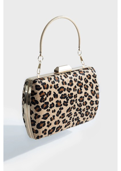 Leopar Desen Clutch El Çantası - Kahverengi