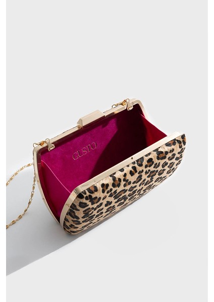 Leopar Desen Clutch El Çantası - Kahverengi