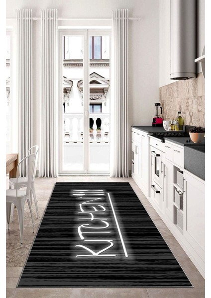 Kitchen Dijital Baskılı Dekoratif Makinede Yıkanabilen Siyah Kaymaz Taban Mutfak Halısı