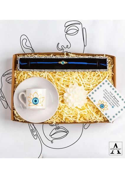 Nazar Hediye Seti - Nazar Makrome Bileklik - Özel Tasarım Baskılı Porselen Kahve Fincanı - Nazar Kart Notu - Lotus Mum