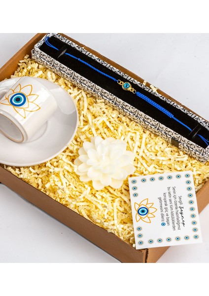 Nazar Hediye Seti - Nazar Makrome Bileklik - Özel Tasarım Baskılı Porselen Kahve Fincanı - Nazar Kart Notu - Lotus Mum fiyatları