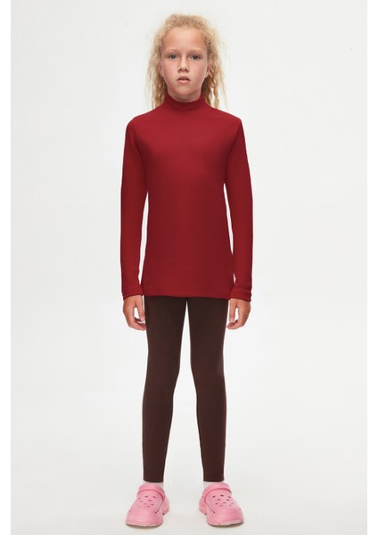 Bordo Basic Kışlık Yarım Balıkçı Yaka Uzun Kollu Kız Çocuk Tişört