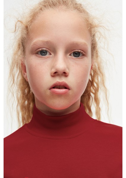 Bordo Basic Kışlık Yarım Balıkçı Yaka Uzun Kollu Kız Çocuk Tişört modelleri