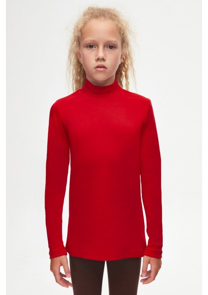 Kırmızı Basic Kışlık Yarım Balıkçı Yaka Uzun Kollu Kız Çocuk Tişört fiyatları