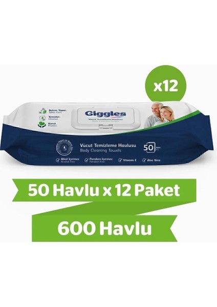 Giggles Vücut Temizleme Perine Havlusu 50' Li 12' Li Paket Büyük Boy Paraben Içermez 600 Havlu