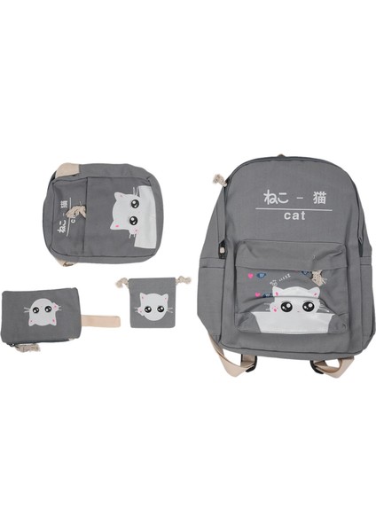 4 Adet/takım Dizüstü Okul Sırt Çantası Kız Erkek Genç Kadın Sırt Çantası Kılıfı Sevimli Kedi Kanvas Çanta Çocuk Gri (Yurt Dışından)