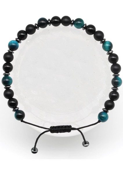 Oniks-Kaplan Gözü Doğal Taş Makrome Örme Bileklik Küre Kesim