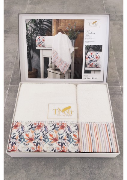 Sevim 2'li Set Bambu Banyo Havlusu - Doğal & Yumuşak - Şeritli & Çiçek Desenli Havlu Takımı - Tivoli - Toulosse
