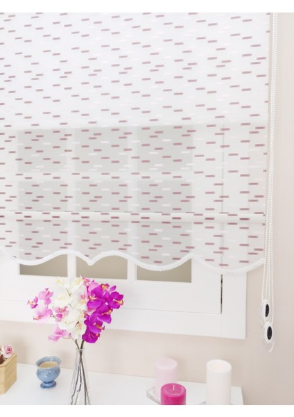 Çiftli Sistem Düz Beyaz Bordo Asens Desenli Tül ve Stor