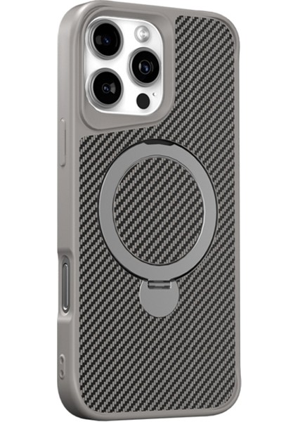 iPhone 16 Pro Max Kılıf Karbon Fiber Magsafeli 360 Dönerli Standlı Alp Kapak