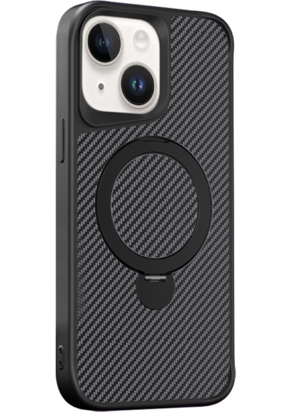 iPhone 14 Plus Kılıf Karbon Fiber Magsafeli 360 Dönerli Standlı Alp Kapak