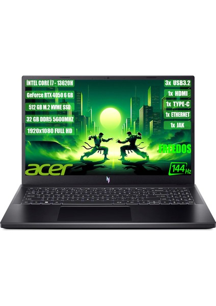 Nitro V 15 I7-13620H 32 GB 512 GB SSD Rtx 4050-6 GB 15.6" Fhd IPS 144Hz Freedos NH.QNBEY.002+325