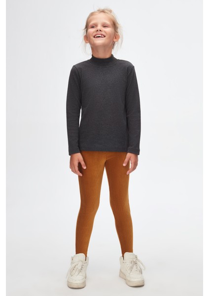 Antrasit Basic Kışlık Yarım Balıkçı Yaka Uzun Kollu Kız Çocuk Tişört