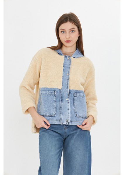 Kadın Kapüşonlu Denim Detaylı Peluş Ceket