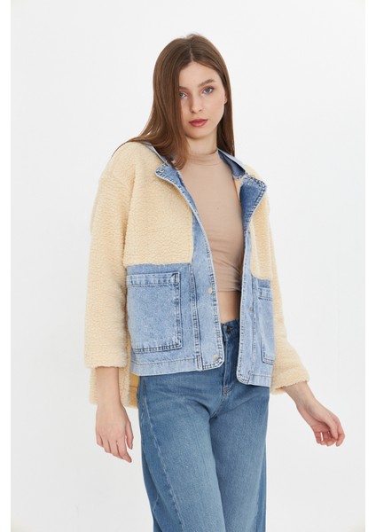 Kadın Kapüşonlu Denim Detaylı Peluş Ceket modelleri