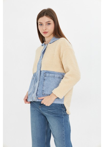 Kadın Kapüşonlu Denim Detaylı Peluş Ceket fırsatları