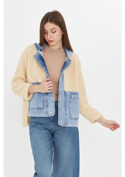 Kadın Kapüşonlu Denim Detaylı Peluş Ceket indirimleri