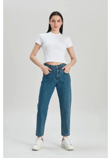 Kadın Koyu Mavi Yüksek Bel Mom Jeans