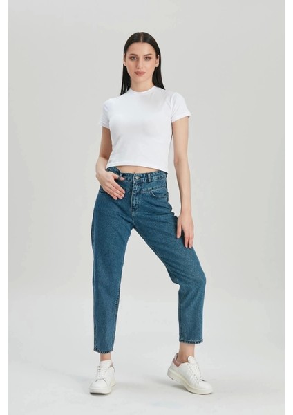 Kadın Koyu Mavi Yüksek Bel Mom Jeans