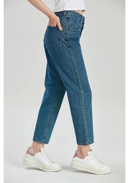 Kadın Koyu Mavi Yüksek Bel Mom Jeans