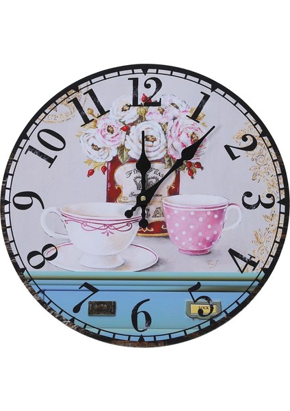 Vintage Antik Stil 34CM Duvar Saati Ev Yatak Odası Retro Mutfak Kuvars Desen: Çiçek+Fincanlar (Yurt Dışından)