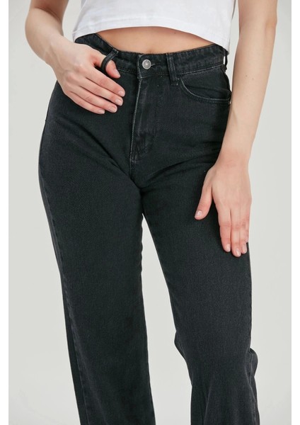 Kadın Füme Mom Jeans Püsküllü Lastik Paça