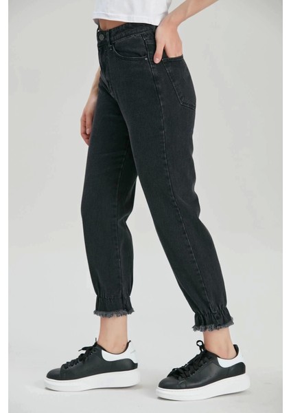 Kadın Füme Mom Jeans Püsküllü Lastik Paça