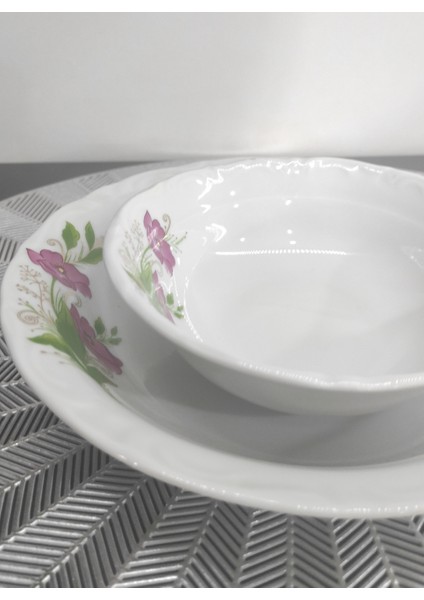 Porselen Lal 12 Parça 6 Kişilik Tabak Seti ( Tabak ve Kase )