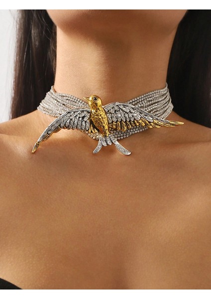 Gümüş Özel Tasarım Su Yolu Kuş Detaylı Choker Kolye