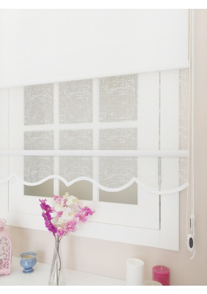 Çiftli Sistem Beyaz Şantuk Desenli Tül ve Stor