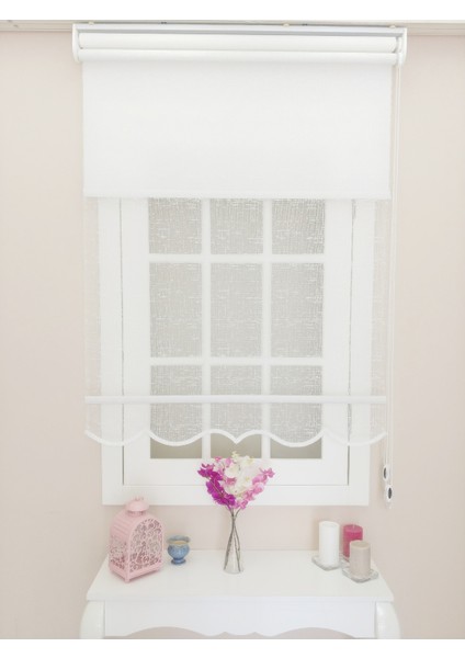 Çiftli Sistem Beyaz Şantuk Desenli Tül ve Stor fiyatları