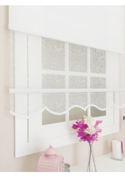 Çiftli Sistem Beyaz Şantuk Desenli Tül ve Stor modelleri