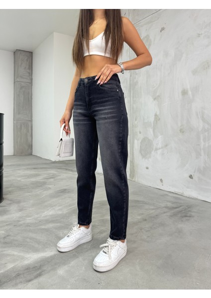 Kadın Esnek/likralıyüksek Bel Mom Jeans