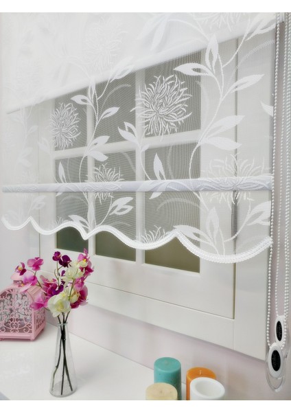 Çiftli Sistem Yeni Beyaz Büyük Yaprak Desen Örme Tül + Stor