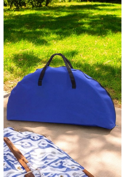 Katlanır Yuvarlak Kamp Masası 70X60 cm Taşıma Çantalı Piknik Masası Mavi