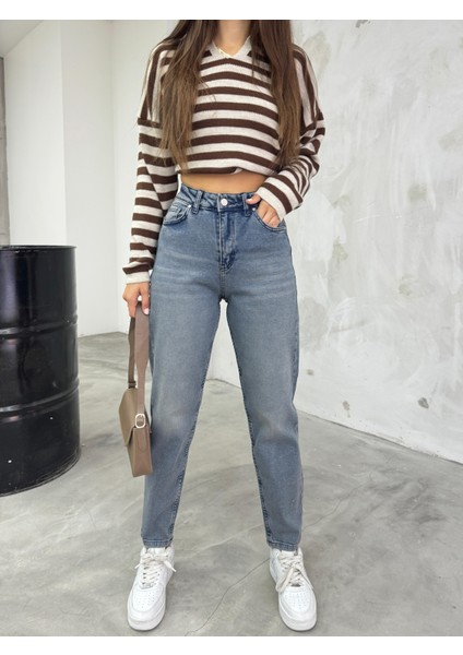 Kadın Esnek/likralıyüksek Bel Mom Jeans